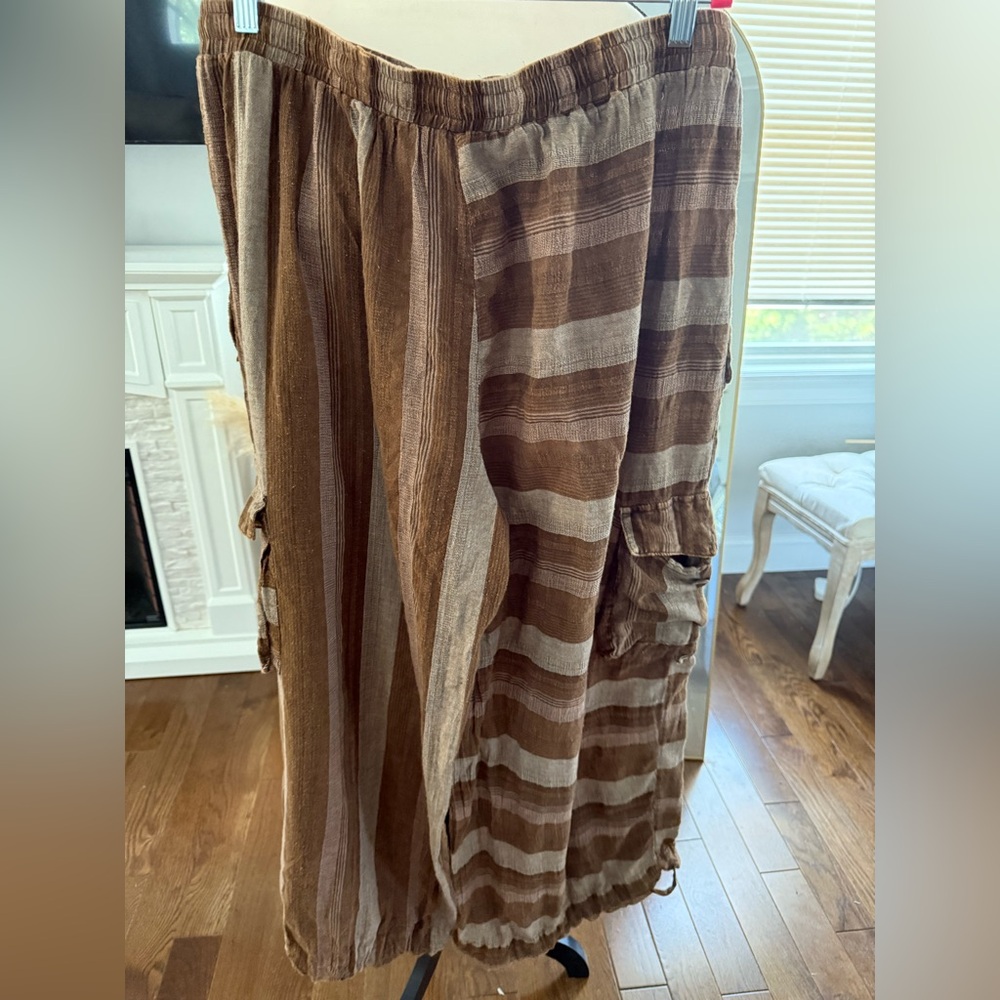 Oli and Hali Striped Brown and Tan Women's Pants- cinch option at ankle - Picture 3 of 4